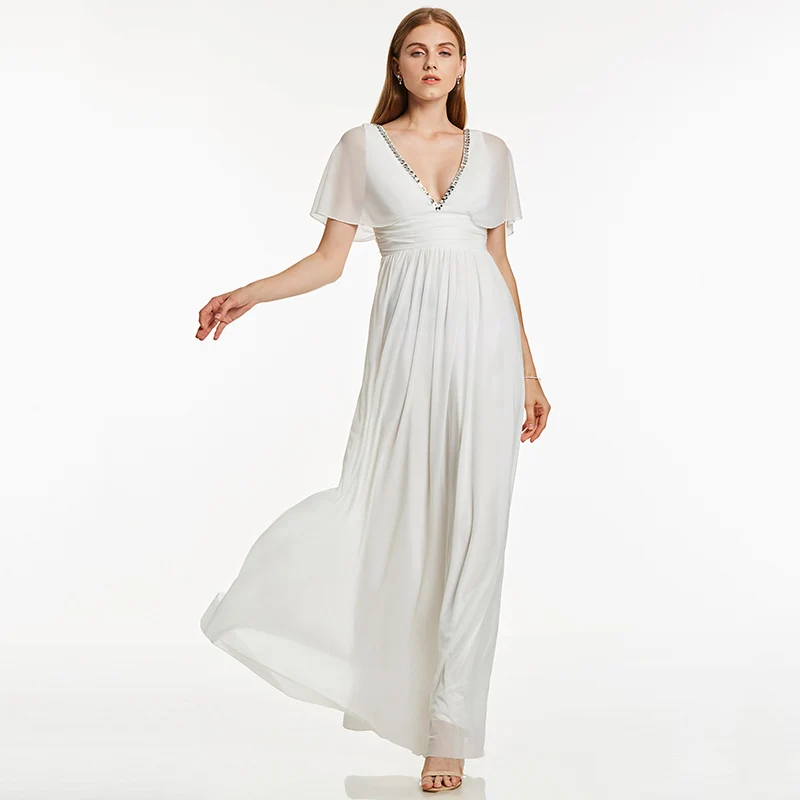 Женское вечернее платье с v образным вырезом цвета слоновой кости|formal evening dress|evening