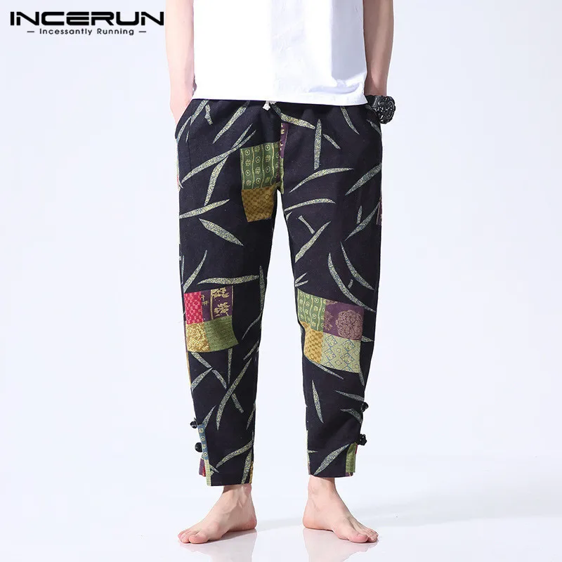 INCERUN/Этнические мужские брюки с цветочным принтом; повседневные широкие брюки для фитнеса; мешковатые хлопковые уличные брюки-шаровары для бега - Цвет: Navy Pants