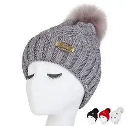2018 модные зимние металлические метки мяч кролика волосы вязаные шапки толще внутри бархат женская шляпа Милая шляпа