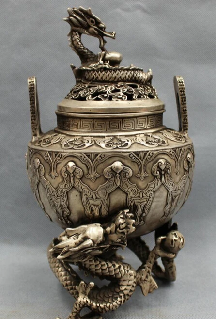 

JP S0606 10" Tibet Silver Buddhism Folk Pan Dragon Head Statue Incense Burner Censer