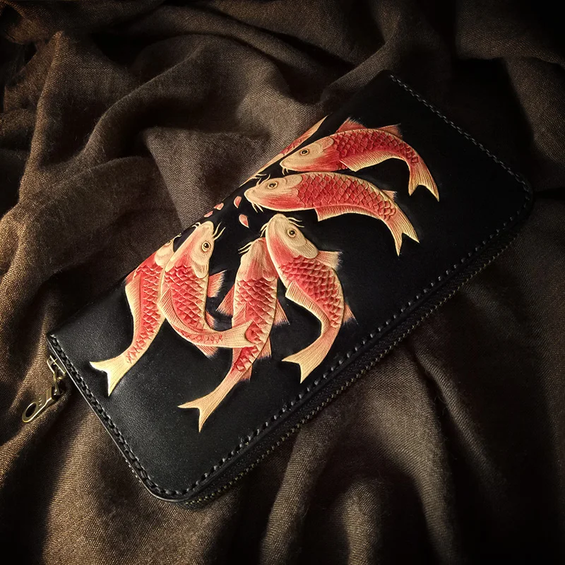 

Handmade carving Red Carp Women Wallets Card Holder Purses Men Long Clutch Vegetable Tanned Leather New Year Gift