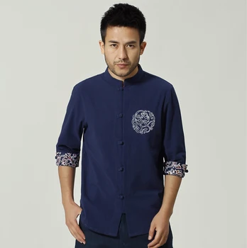 

Navy Blue Three Quarter Casual Cotton Linen Shirt Chinese Men Tai Chi Shirts With Dragon Tops Coats M L XL XXL XXXL PM003