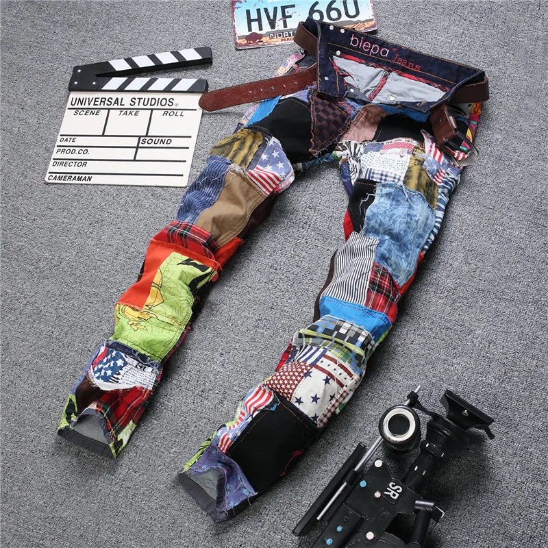 Fashion Trend Brand Jeans Men Split Joint Long Trousers England Mens Jeans Casual Designed Slim Straight