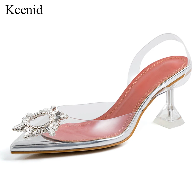 

Kcenid Transparent PVC sandals women rhinestone pointed clear crystal cup high heel stilettos sexy pumps summer shoes women 2019