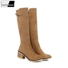 Новые осенние сапоги для верховой езды; классические сапоги до колена из искусственной замши; красивые рыцарские сапоги; обувь на толстом квадратном каблуке; женская обувь на молнии с пряжкой; Botas