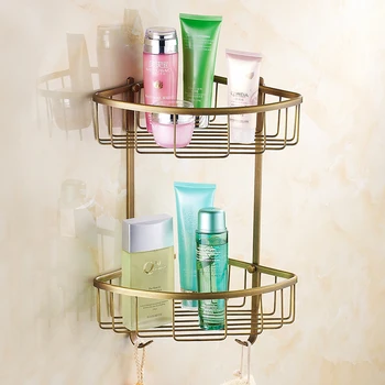 

Antique Brass Bathroom Shelves Wall Mounted Solid Line Bathroom Storage Rack European Corner Frame Bathroom Accessories Set 8912