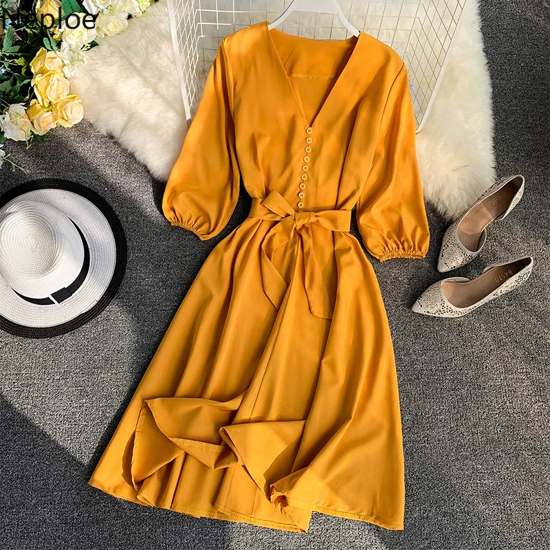 

Neploe 2019 Spring Summer Women Dress Solid V-Neck Three Quarter Sleeve Vestidos Sashes High Waist Knee-Length Dresses 43082