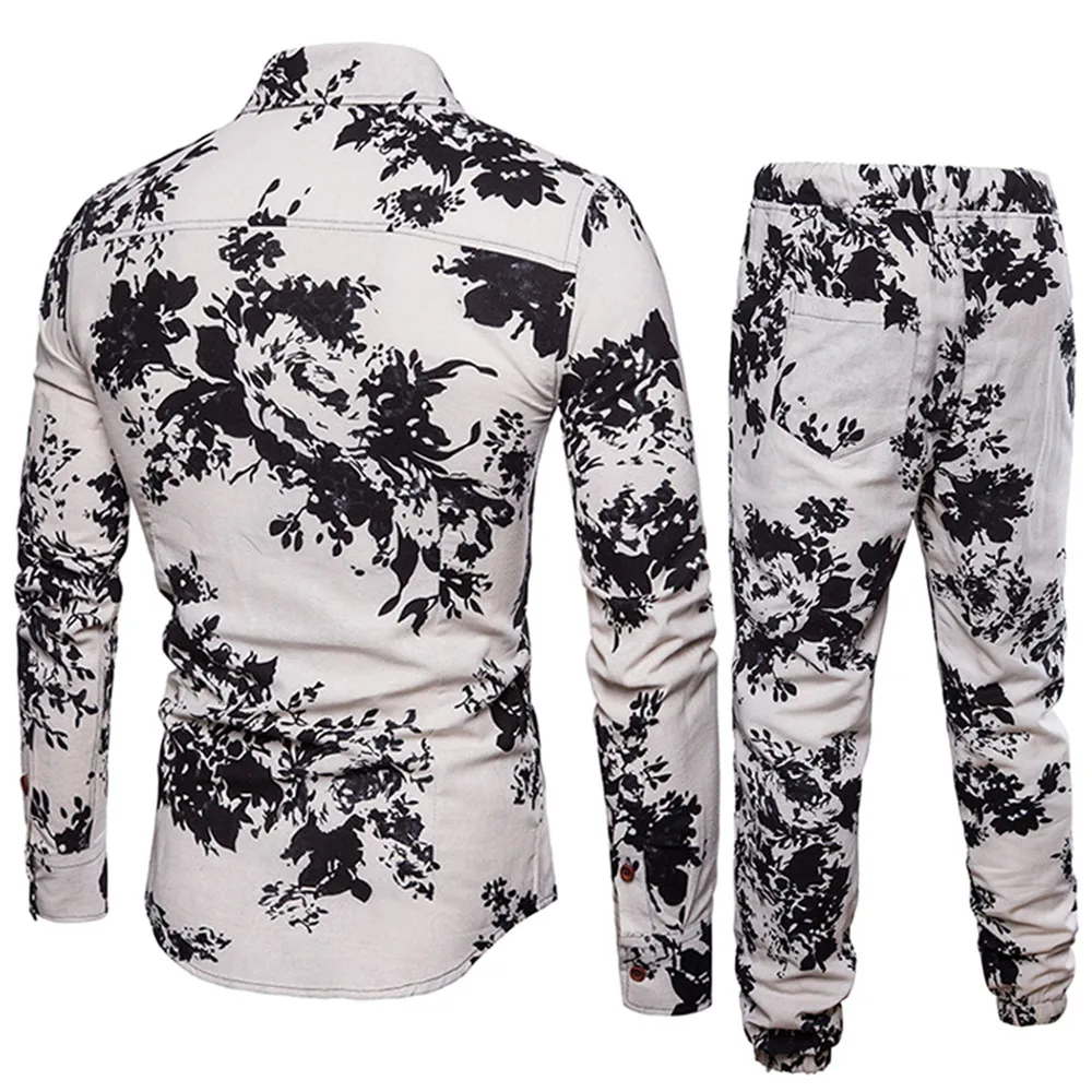 Hand-painted Male Long Sleeve Set Gentleman Festival Wear Casual Suit 2019 Autumn New Linen Clothing 5XL Big Size Slim Shirts