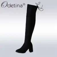 Odetina 2018แฟชั่นใหม่ผู้หญิงFaux Sudeต้นขารองเท้าสูงด้านซิปตารางรองเท้าส้นสูงกว่าเข่าบู๊ทส์Lace Upขนาดใหญ่48