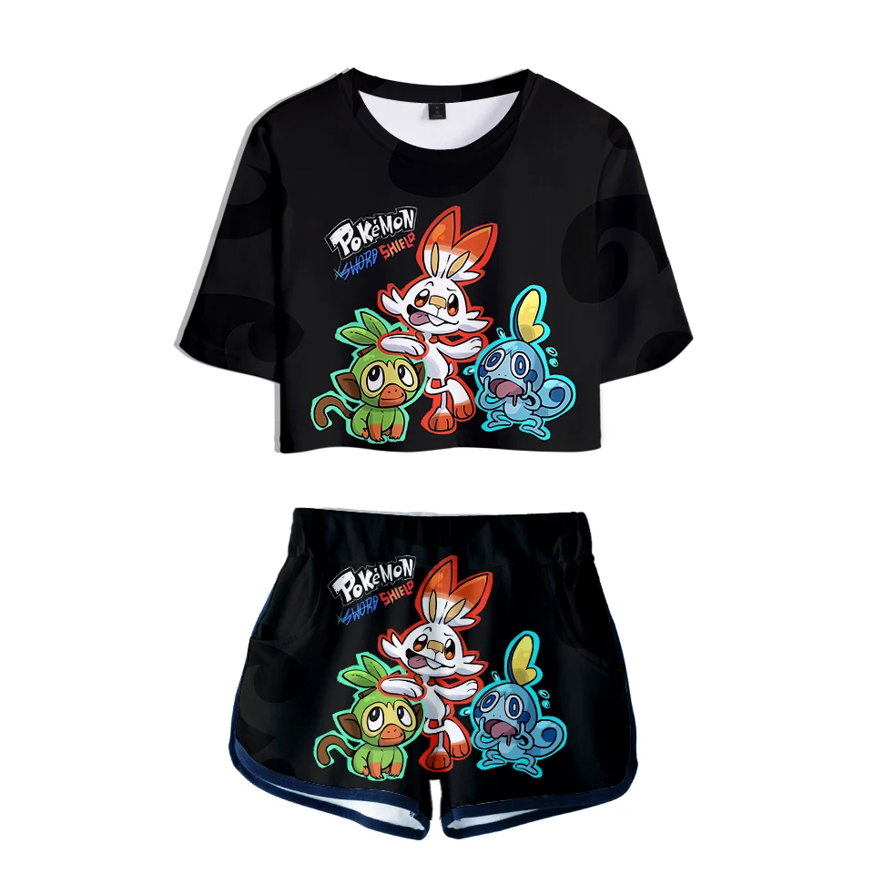 2019 drop shopping Pokemon Sword and Shield 2019 new 3D Two Pieces sets Women Fashion Clothes girl Hot Harajuku T-shirts shorts