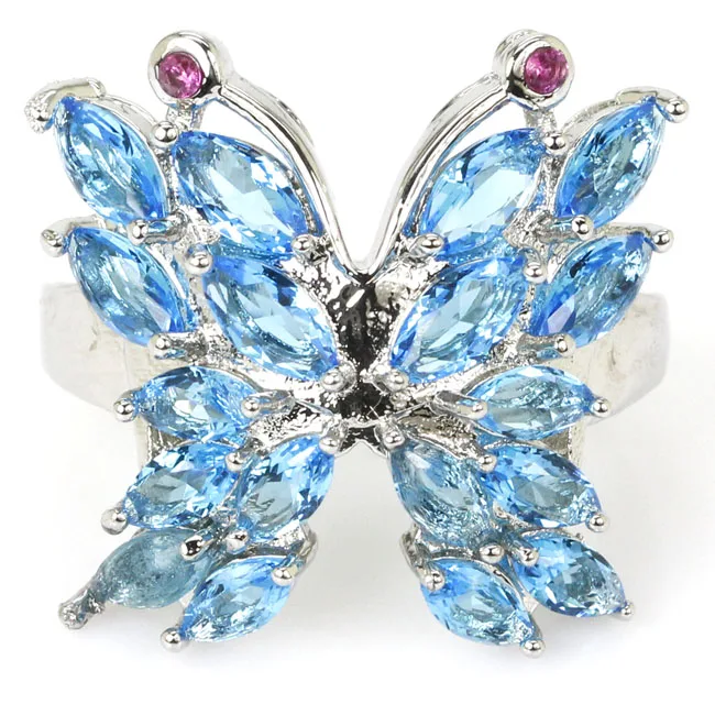 

US SZ 7.0# Butterfly Paris Blue Topaz Pink Tourmaline Gift For Girls Silver Ring 21x21mm