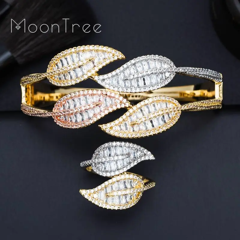 

ModemAngel Luxury Leaf AAA Cubic Zirconia 3 Tone Copper Women Bracelet Bangle Ring Set Dress Jewelry Sets