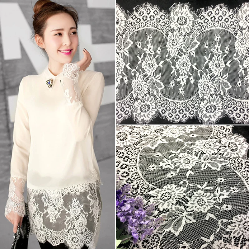 

3Meters/Lot White Black Eyelashes Lace Trim Fabric Flower Width/34.5cm Wedding Dress Clothing african lace fabric Lace Material