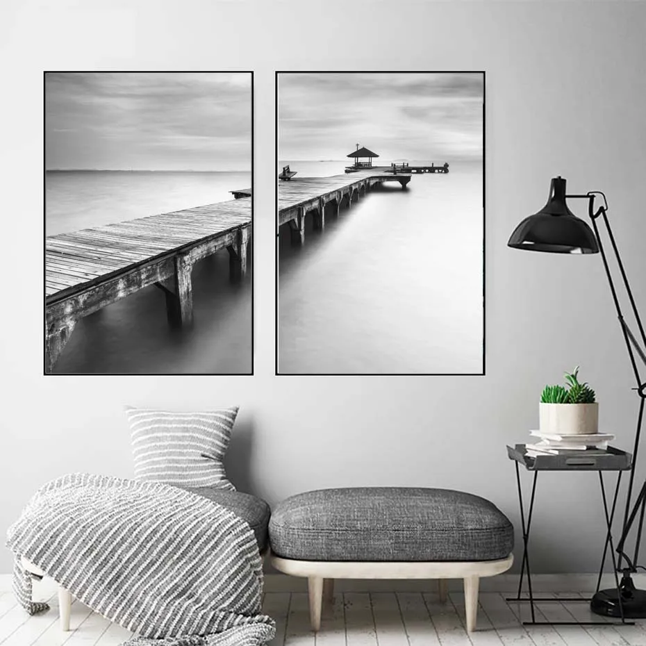 Black White Modular Sea Scenery Posters & Prints Nordic Bridge Canvas Painting On The Wall Decoration For House Wall Art Picture (2)