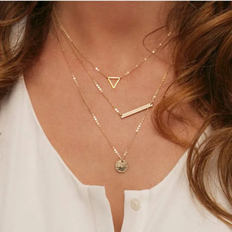 

NK614 Summer Multilayer Necklaces Triangle Round Sequins Fashion Multi Layer Chain Necklace For Women Everyday Jewelry Fashion