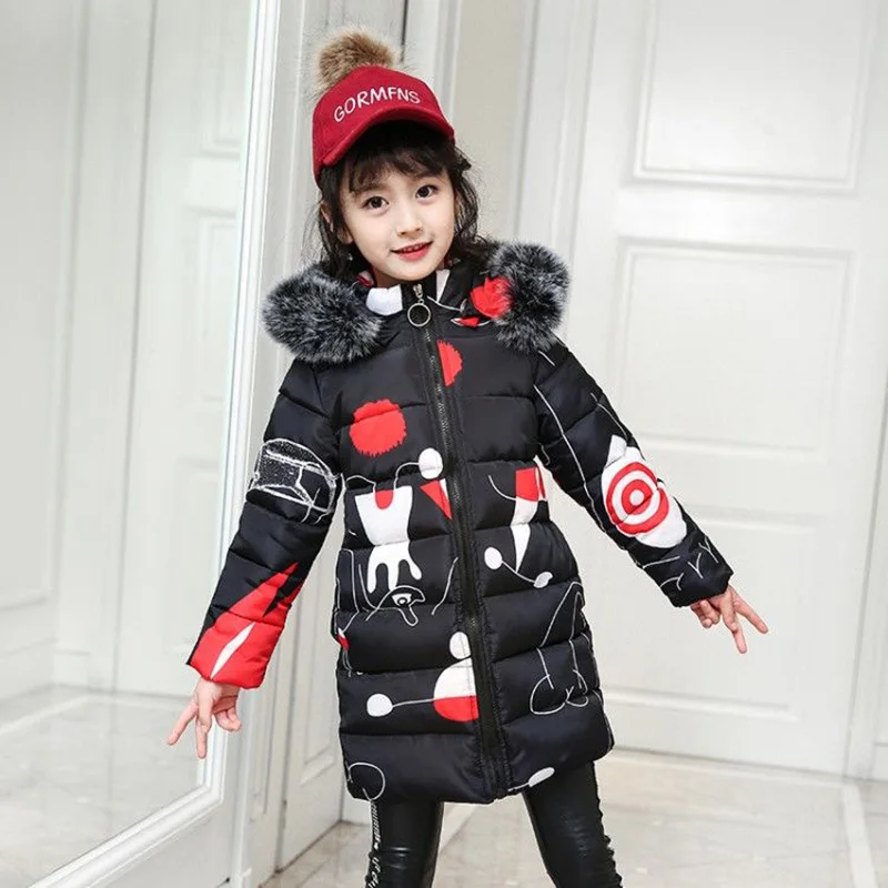 Хлопковая стеганая Верхняя одежда и пальто для девочек г. Новая детская одежда зимняя куртка для девочек с принтом, детская теплая куртка с меховым воротником и капюшоном - Цвет: Black