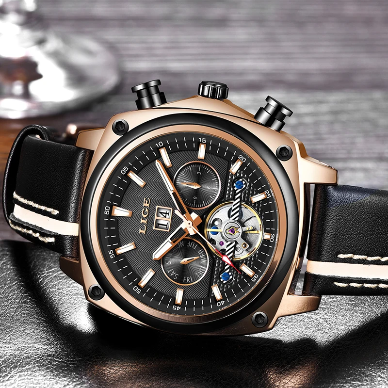 2018 Новинка LIGE мужские наручные часы Tourbillon автоматические механические кожаные