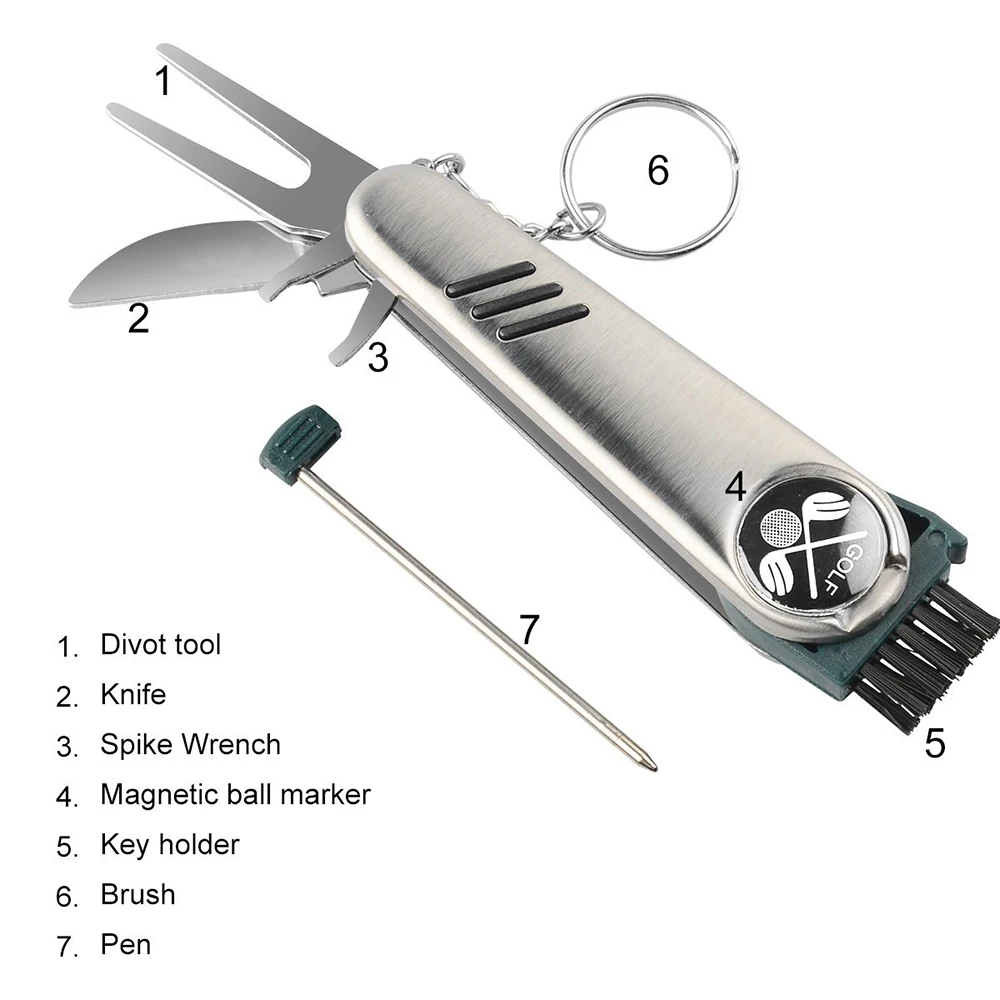 Multi-function golf tool,features a golf ball cleaner brush, ball marker, cleat tightener, club cleaner & divot repair Multi-function golf tool,features a golf ball cleaner brush, ball marker, cleat tightener, club cleaner & divot repair