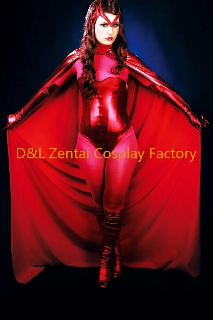 Free Shipping DHL 2014 Sexy X- Men Scarlet Witch Costume Two Pieces Red Shiny Metallic Halloween Cosplay Costume With Cloak (3)