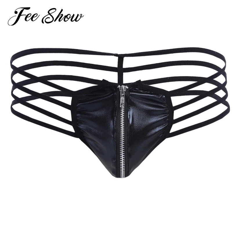 

Sexy Mens Lingerie Sissy Patent Leather G-strings Underwear Gay Mens Strappy Underwear with Bulge Pouch Cueca Homme Masculina