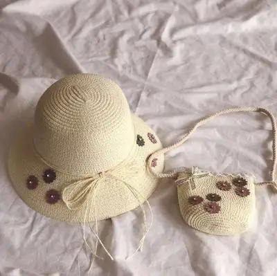 WHITE 2 шт Кепки+ сумка летняя уличная детская шапочка колпачок хлопковая шляпа от солнца Для детей Детская летняя шляпа Цветочные пляж шляпа - Цвет: WHITE