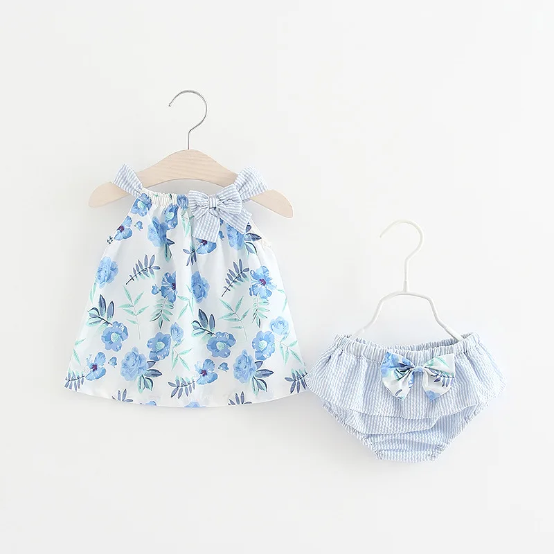 Baby Girls Dress+Underwear Infant Baby Party Dress For Girl First Birthday Baptism Clothes Summer Print Flower Clothes set - Color: Sky blue