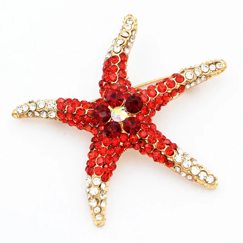 Stunning Crystals Luxury Gold Color Red Rhinestone Starfish Brooch