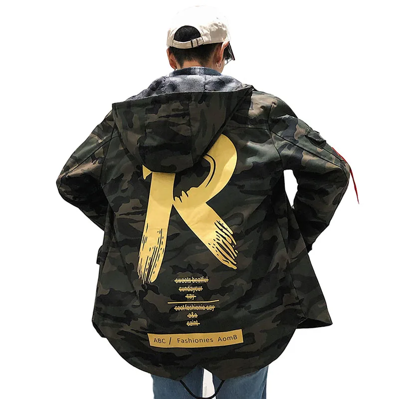 

Autumn New R Graffiti Print Men Hooded Trench Coats Street Hip Hop Long Loose Dovetail Outwear Camouflage Windbreaker Outerwear