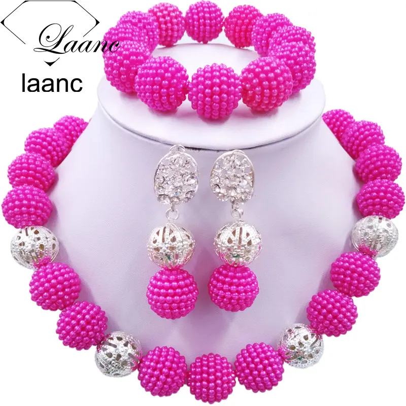 

Laanc Latest Nigerian Wedding Fuschia Pink African Beads Jewelry Set Simulated Pearl AL730