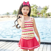 От 7 до 15 лет танкини из двух предметов для больших девочек, детский купальный костюм для девочек, купальный костюм в синюю полоску, купальный костюм, спортивное платье