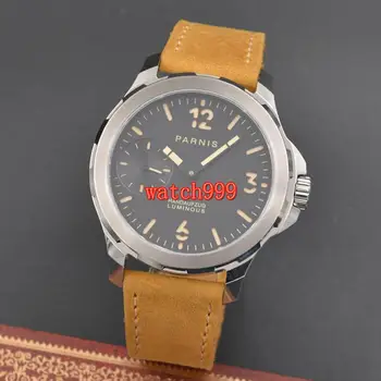 

Parnis 44mm black dial 6497 manual winding movement men's casual watch sapphire crystal leather with waterproof mechanical watch