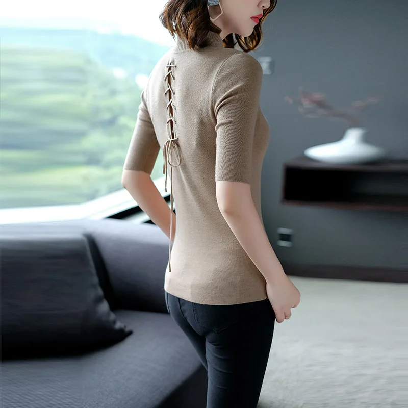 Solid turtleneck elastic knit basic sweater shirts 2018 new half sleeve women autumn slim pullovers sweater