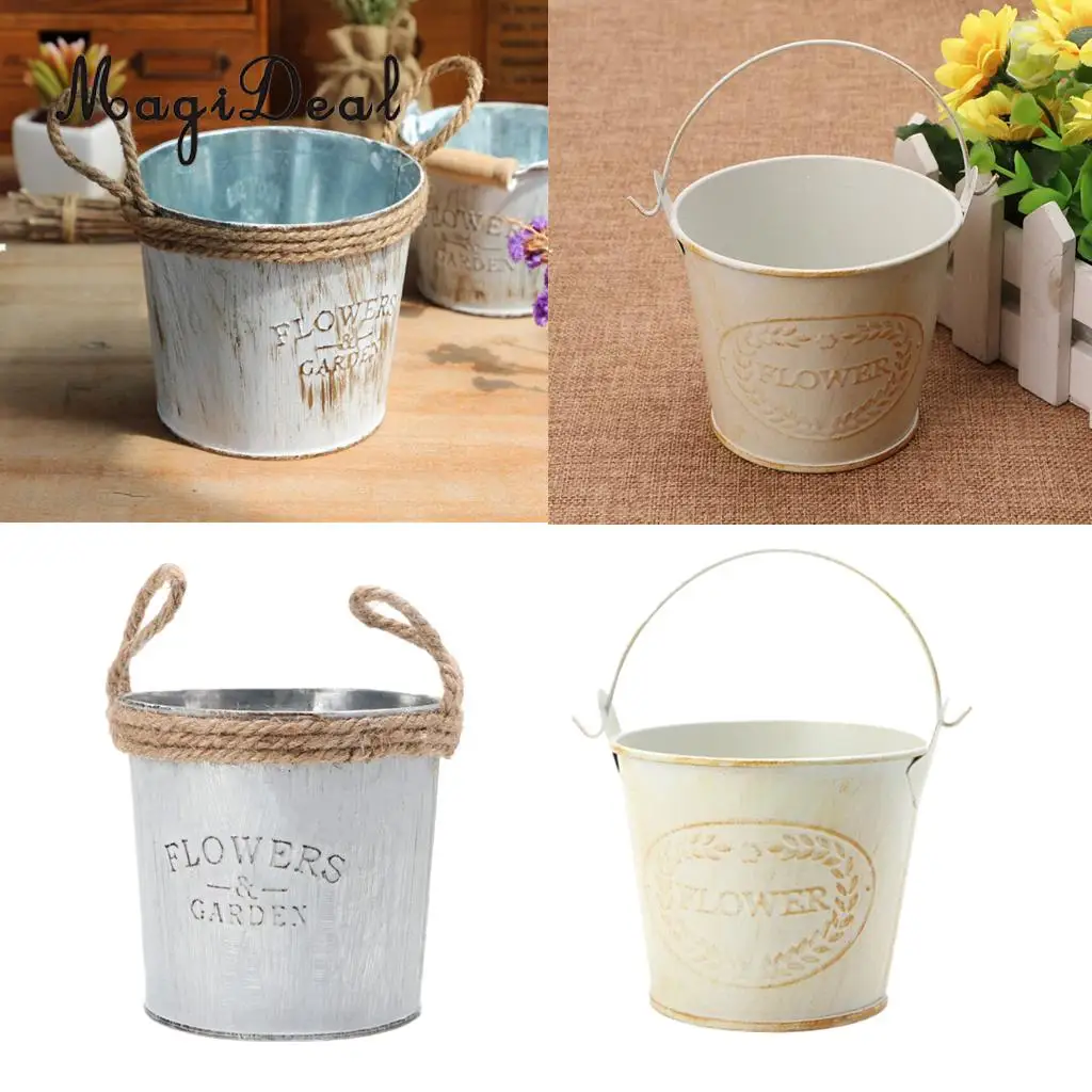 2pcs Round Galvanized Metal Buckets Plants Flower Decorative Vases with Rope