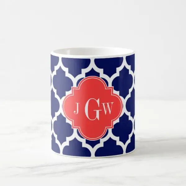 

Fashion Navy Blue Custom Initials Coffee Mug Cup Novelty Quatrefoil Monogram Tea Cups Mugs Personalised Xmas Gifts for Family