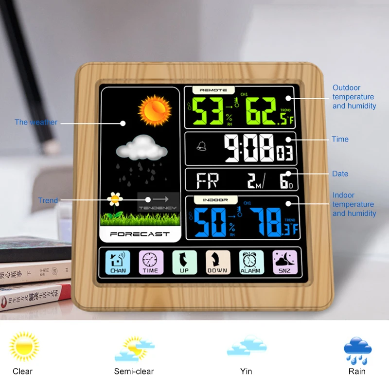 

Wireless Weather Station Digital Temperature Humidity Sensor Colorful LCD Display Weather Forecast Alarm Clock In/outdoor