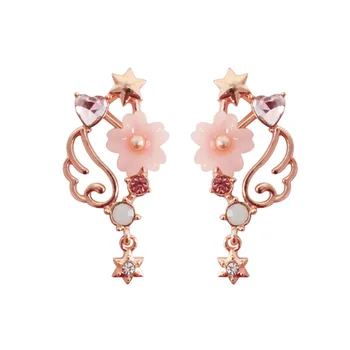 Japanese Pink Card Captor Sakura Earrings Rose Gold Color Angel Wing Rhinestone Sailor Moon Star Drop Earrings For Women Girls