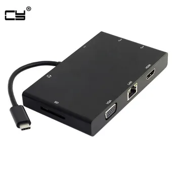 

USB-C USB 3.1 Type-C to VGA HDMI USB HUB Gigabit Ethernet & SD Audio & Female Charger Adapter for Laptop