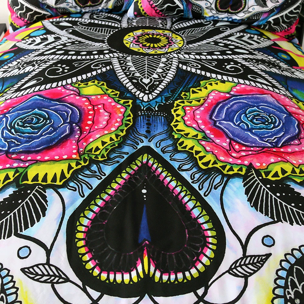 Online Zucker Schädel durch Pixie Kalte Kunst Bettwäsche Set Floral Bettbezug set Bunte Rose Blume Bettwäsche Gothic Home Textilien 3  stück