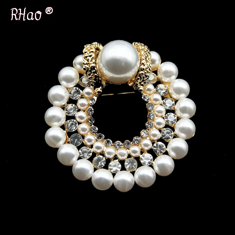 

RHao Classic Round Flower Pearl Crystal Brooches for Women Men Collar pins Coat Clothes jewelry buckles accessories hijab pins