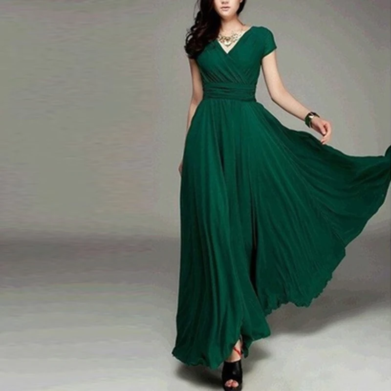 

Bohemian Women Short Sleeve Fit And Flare Slim Dress Plus Size Female Solid V Neck Floor Length Beach Empire Dress