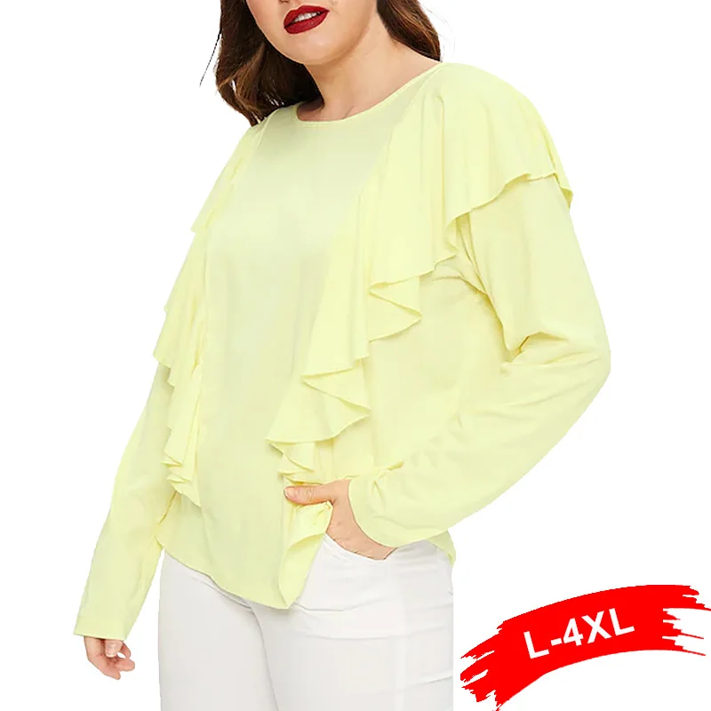 

Plus Size Elegant Light Beige Ruffle O Neck T-Shirt 4Xl Spring Long Sleeve Weekend Casual Women Solid Ruffles Trim Fitted Tees