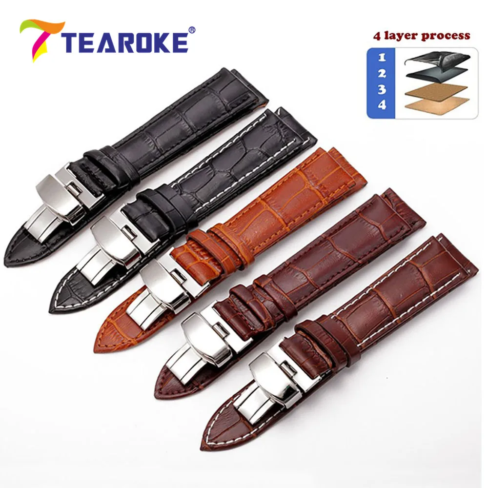 Кожаный ремешок для часов TEAROKE с застежкой бабочкой 12 14 16 18 19 20 мм 22 24 Полированная