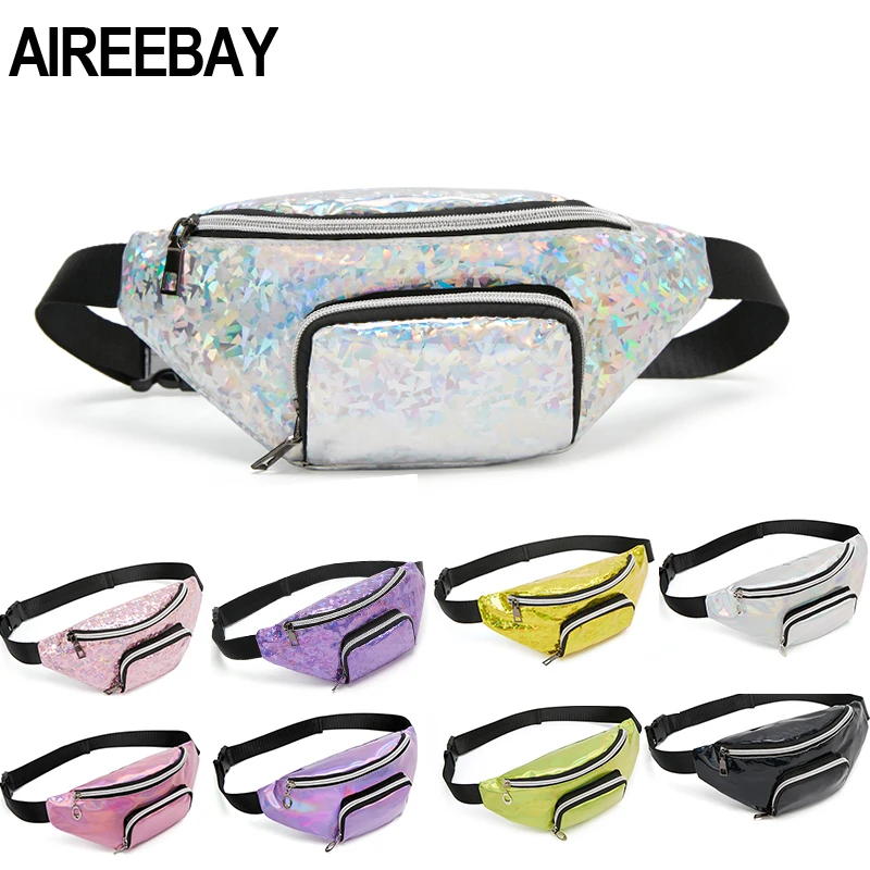 AIREEBAY جديد الثلاثية الأبعاد حزمة مراوح الإناث ليزر فضي الخصر حزم الورك الخصر حقيبة المرأة الهولوغرام حزام أكياس الحقيبة محفظة الهاتف