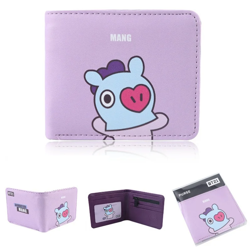 

Purple BT21 MANG Wallet Soft Leather Purse Female Short Wallet For boy and Girls Coin Purse Card Holders Clutch Wallets 1pc