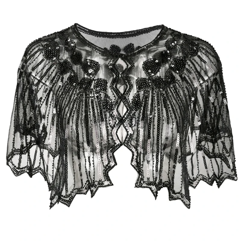

Retro Geometric Sequin Beaded Cape Vintage 1920s Shawl Wraps Flapper Cover Up Women Lady Mesh Scarf for Party Evening Gown Shrug