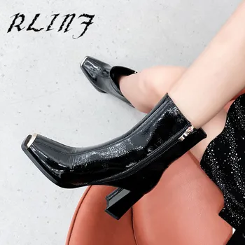 

RLINF New Metal Square Head Cow Leather Patent Leather with High Heel Side Zipper Short Tube Female Long Boots