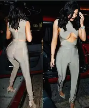 

Khaki and Black Color Ladies HL Bandage Jumpsuit Sexy Hollow Out Bodycon Jumpsuit High Quality