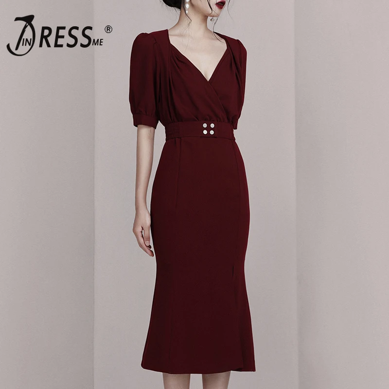 

INDRESSME 2019 New Sexy Style Women Dress Short Sleeves Deep V-neck Diamond Button Women Party Knee Length Dress