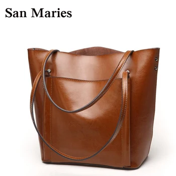 

San Maries Genuine Leather Tote Bag Luxury Designer Bags Handbags Women Famous Brand Shoulder Bag Oil wax Messenger Sac a main