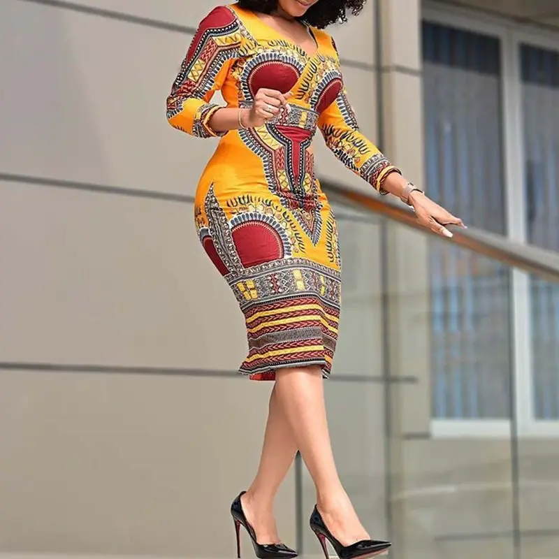 Fashion Ethnic Print African Dress Women Office Sexy Bodycon High Waist Slim Street Casual Party Female Autumn Midi Dresses